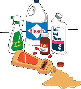 Various hazards, like bleach, pain medication, and cleaners